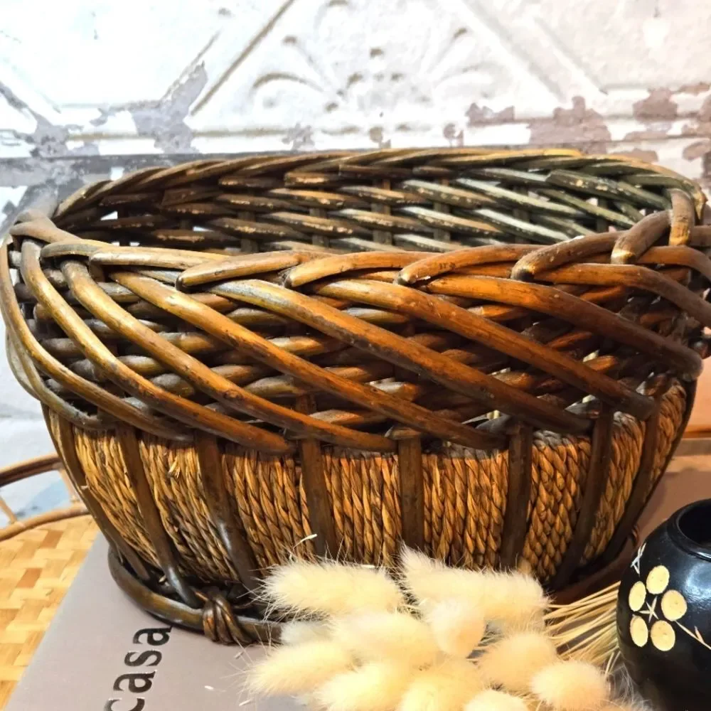 Vintage Oval Hand Woven Basket Natural Bamboo & Rope Storage Basket Rustic